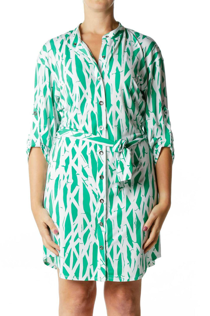 White Green Print Belted Button Down Dress