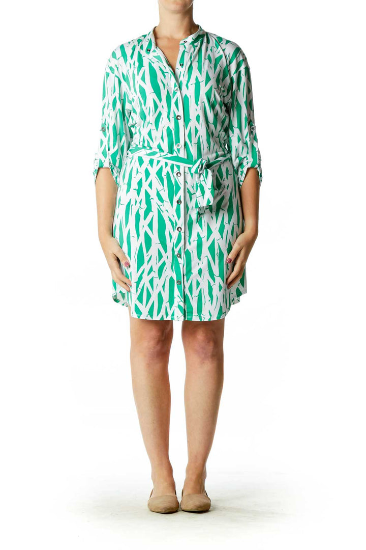 White Green Print Belted Button Down Dress