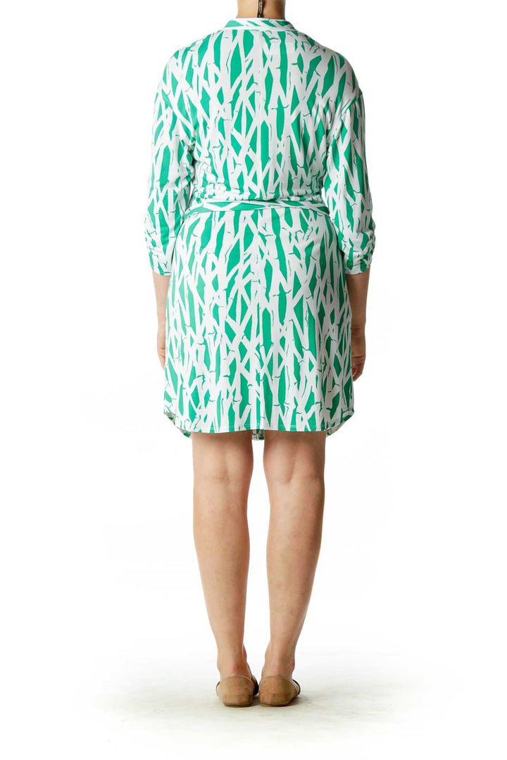 White Green Print Belted Button Down Dress