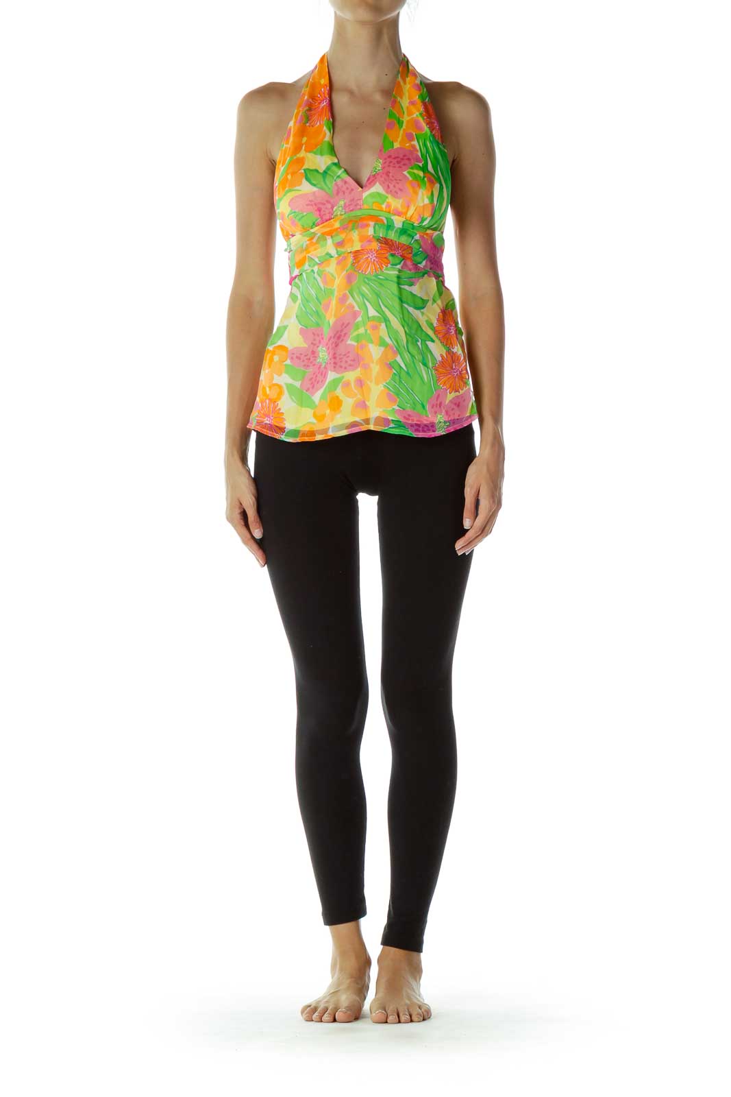 Multicolor Floral Print Halter Silk Tank Top