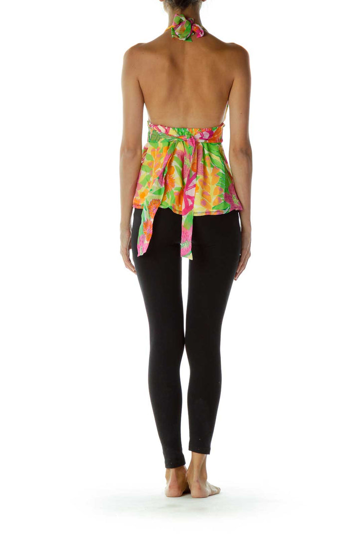 Multicolor Floral Print Halter Silk Tank Top