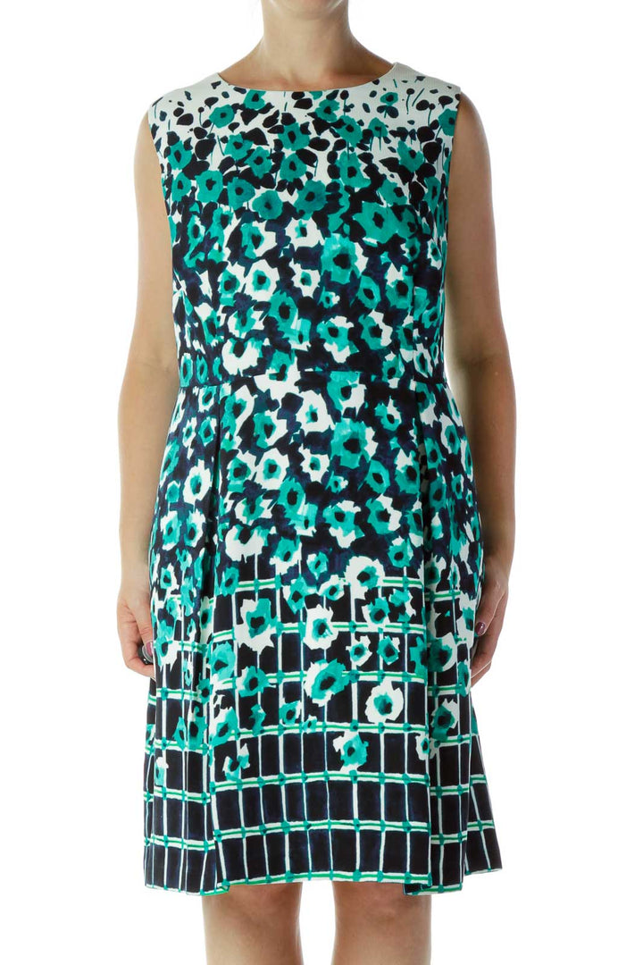 Green Blue White Flower Checkered A-Line Dress