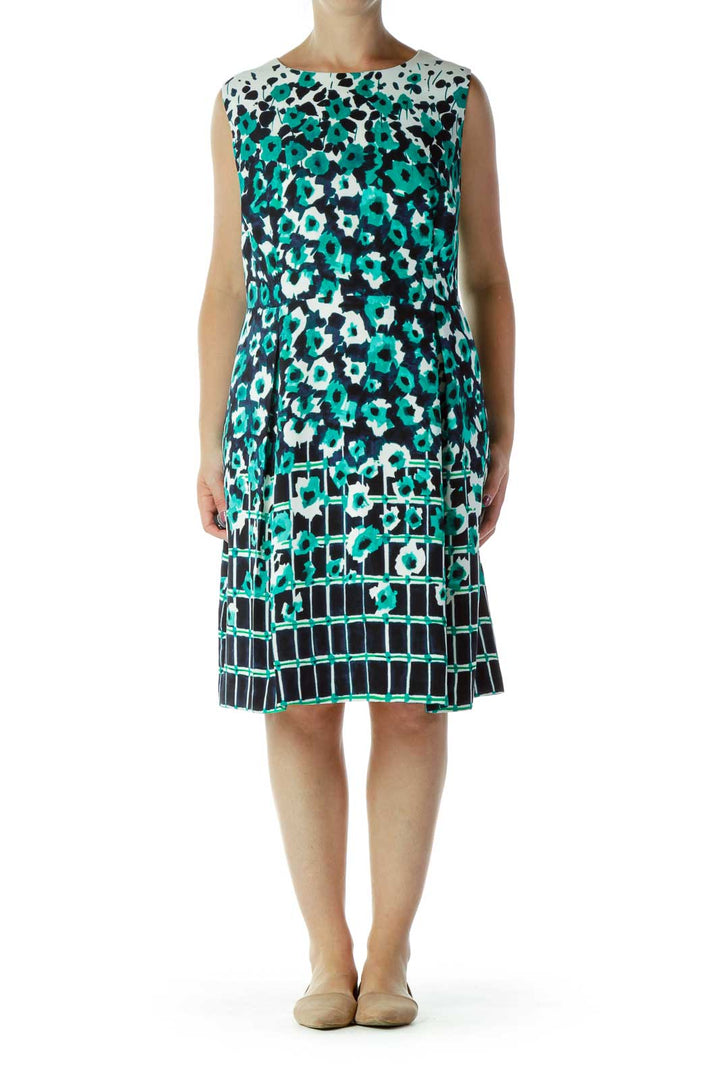 Green Blue White Flower Checkered A-Line Dress