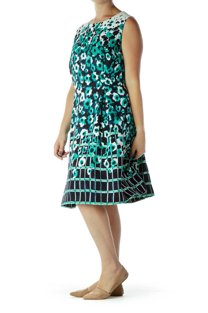 Green Blue White Flower Checkered A-Line Dress