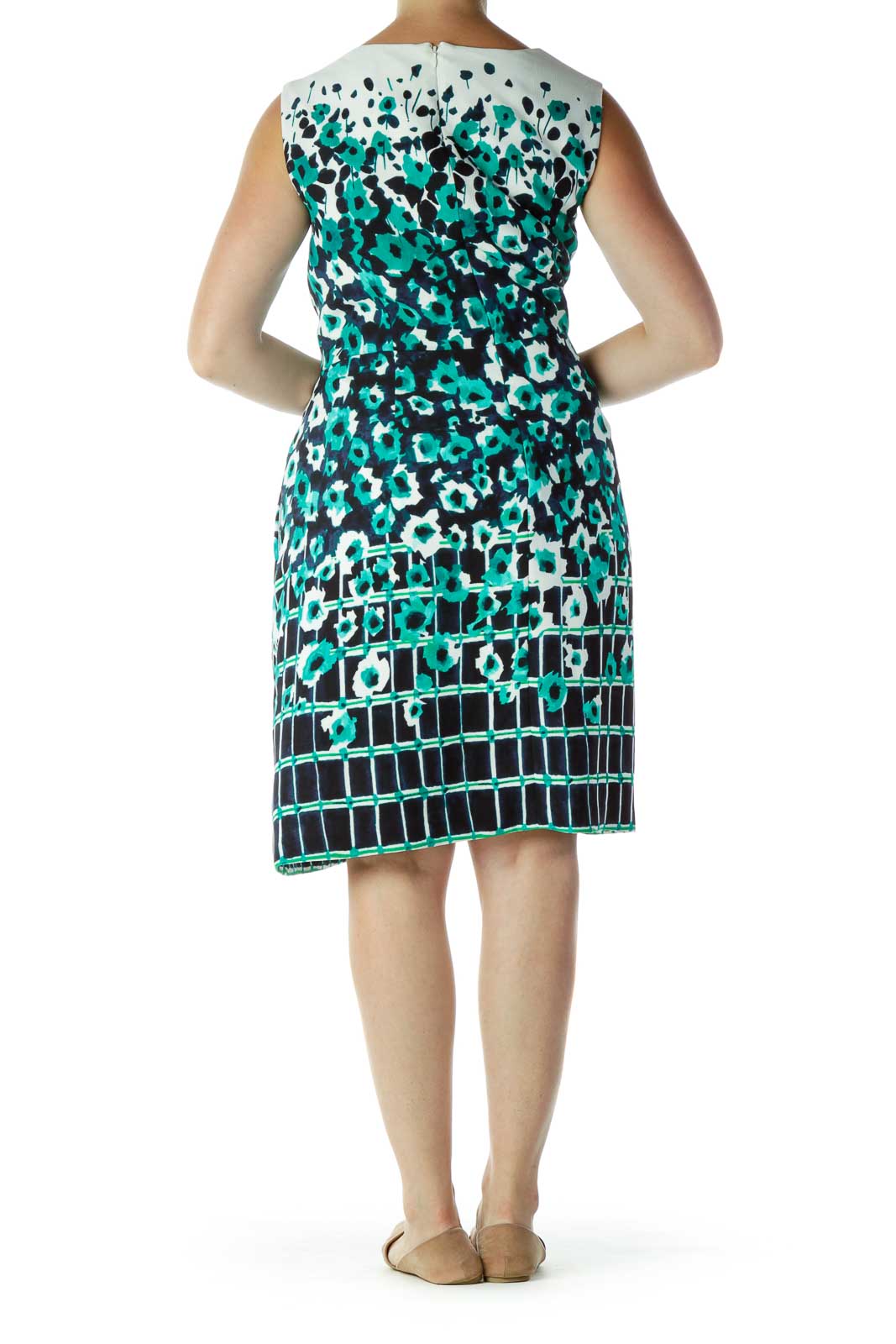 Green Blue White Flower Checkered A-Line Dress