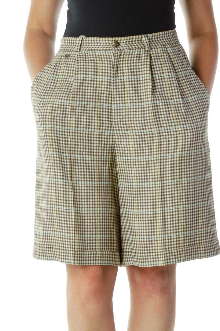 Beige Brown Checkered Wide-Leg Shorts