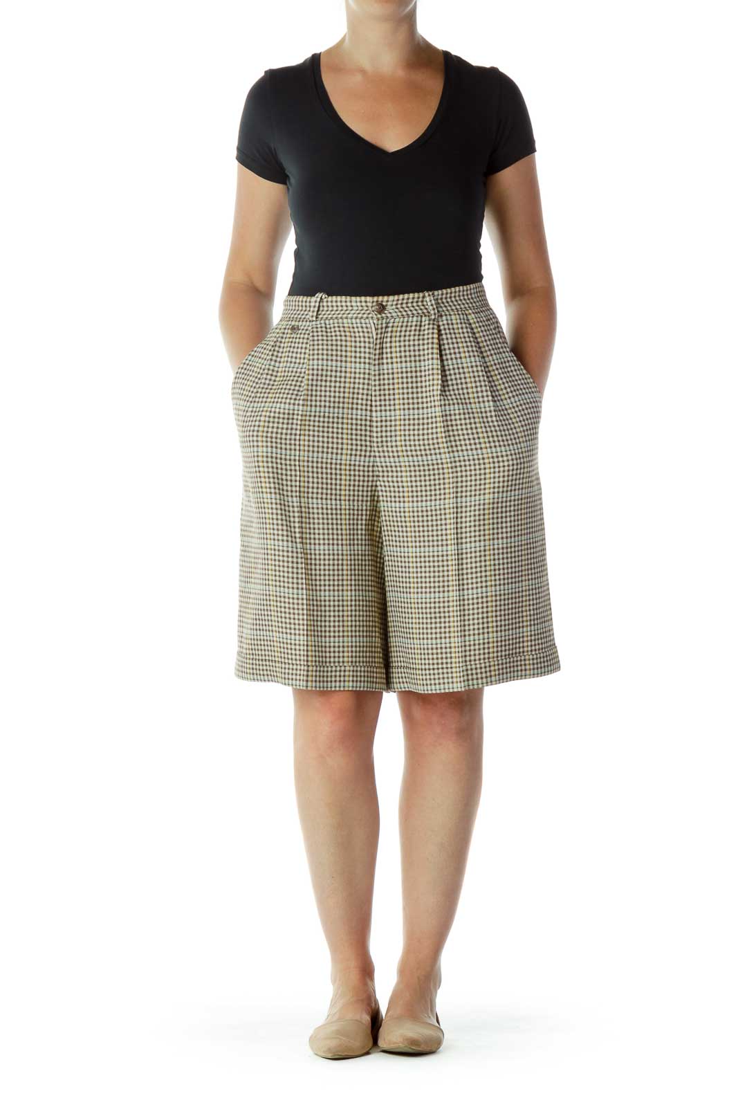 Beige Brown Checkered Wide-Leg Shorts