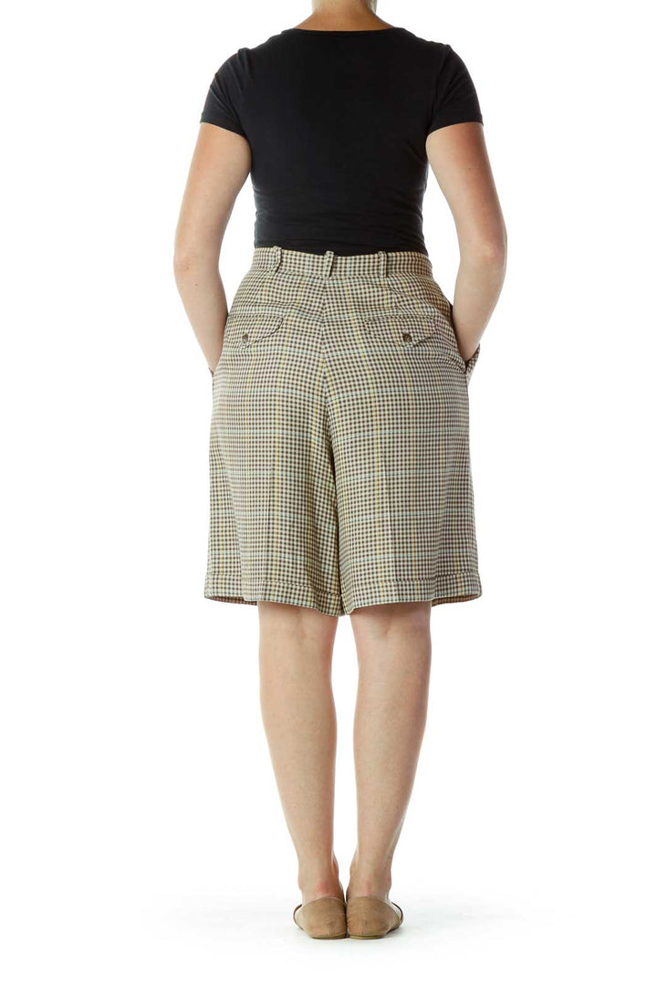 Beige Brown Checkered Wide-Leg Shorts