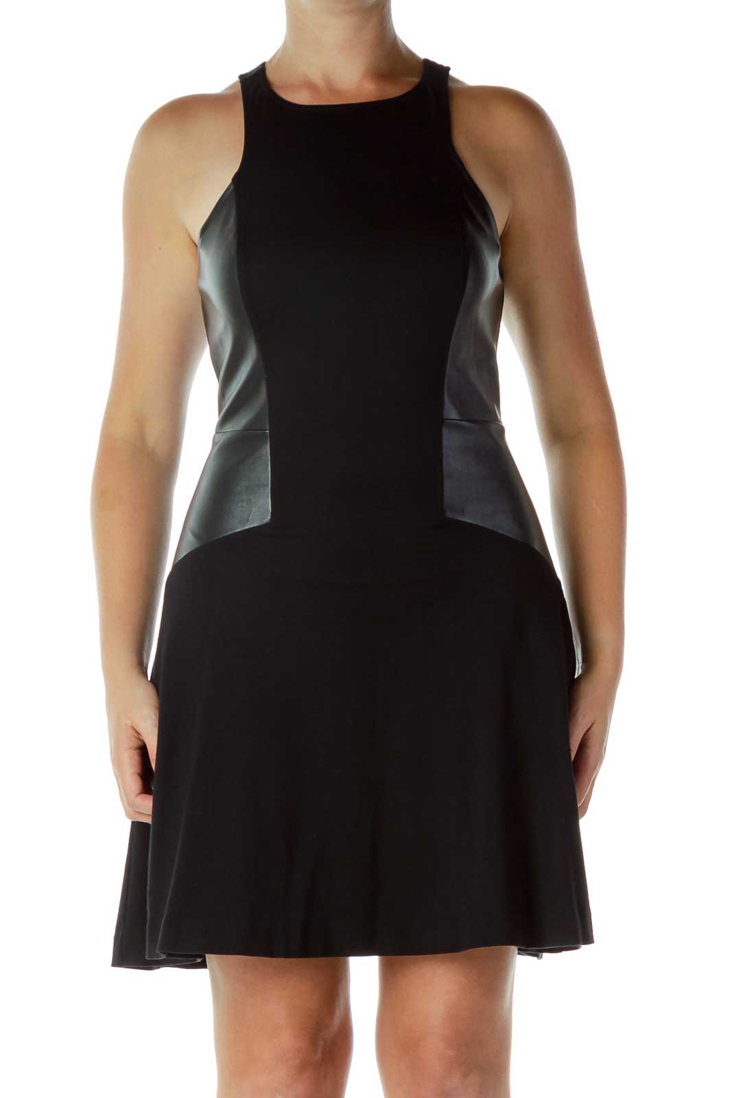 Front view of Express black fit-and-flare dress with faux leather panels