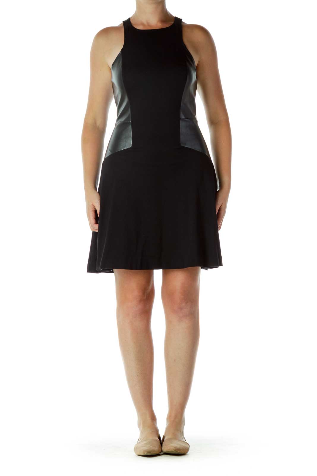 Front view of Express black fit-and-flare dress with faux leather panels