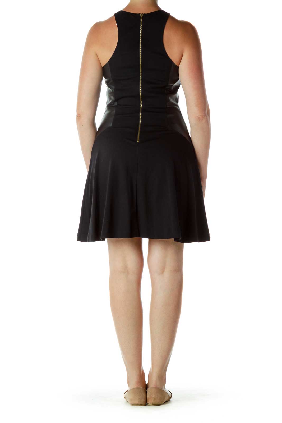 Back view of Express black fit-and-flare dress showing gold-tone zipper