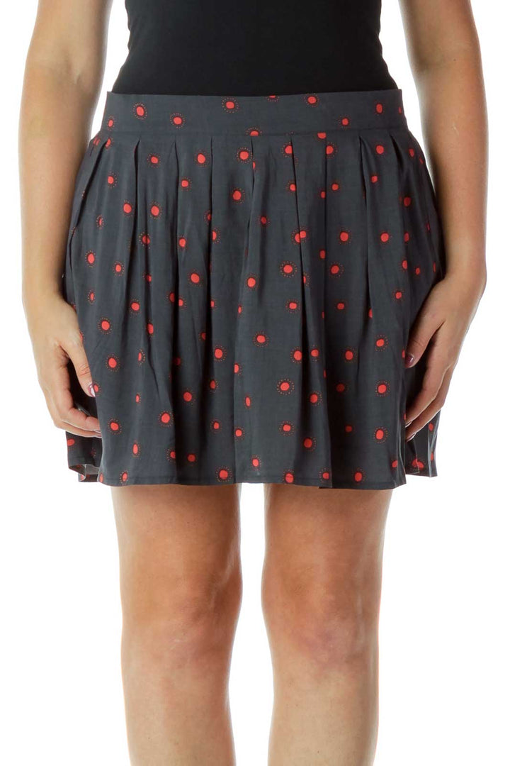 Gray Red Dots Print Flared Mini Skirt