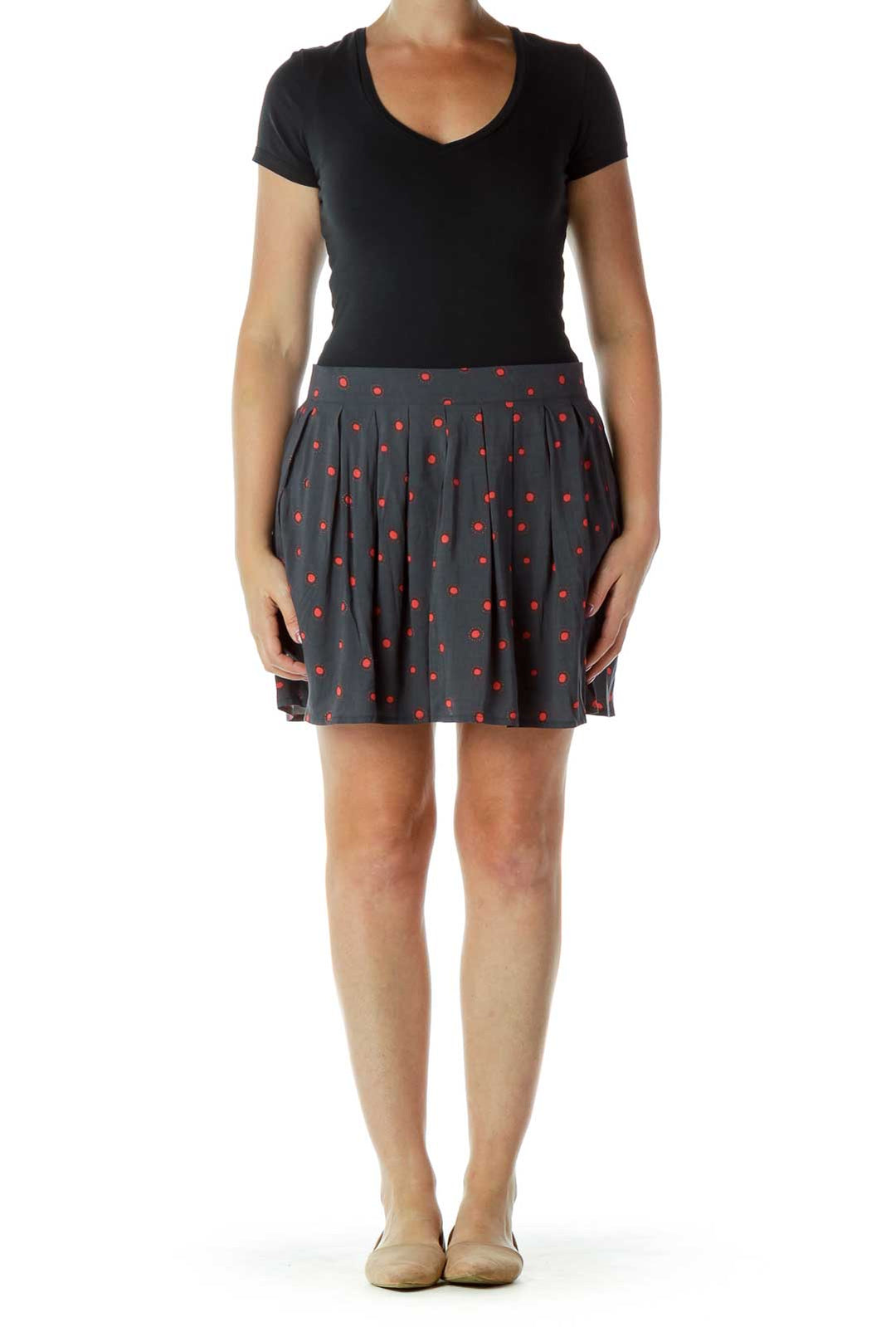 Gray Red Dots Print Flared Mini Skirt