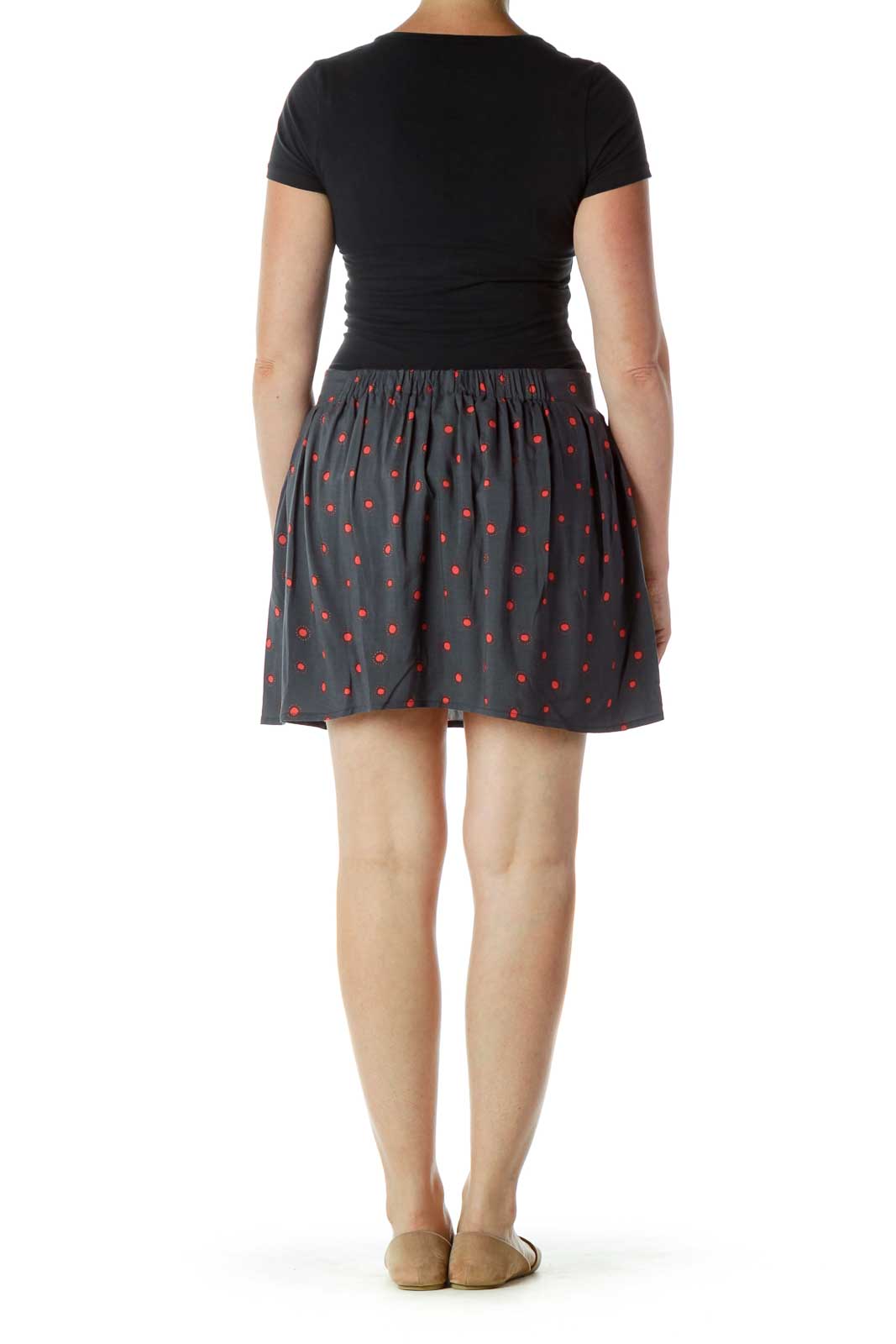 Gray Red Dots Print Flared Mini Skirt