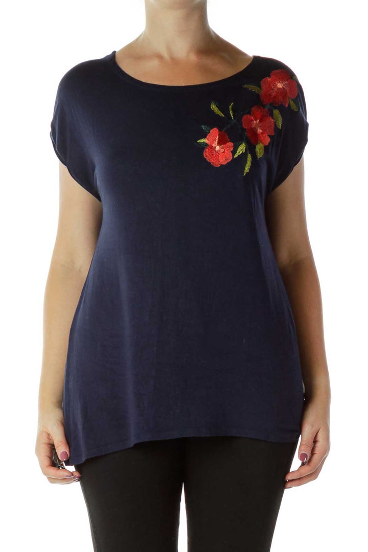 Navy Embroidered Loose Blouse