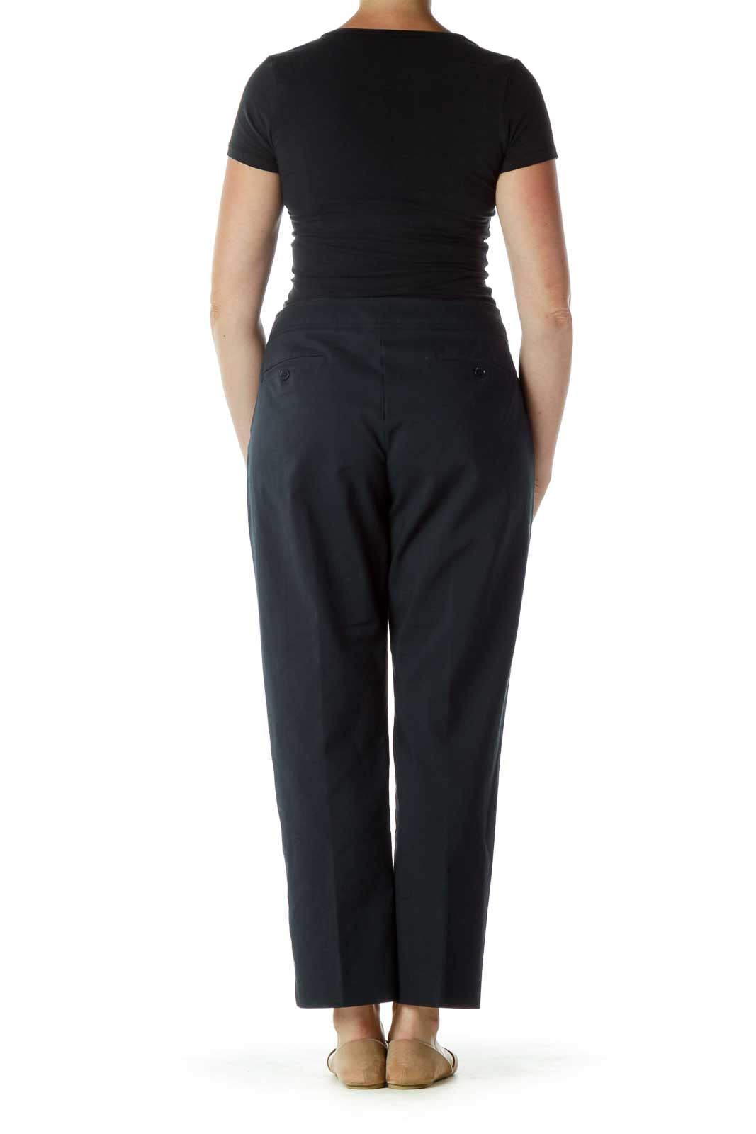 Back view of Talbots black straight-leg pants showing pocket detail