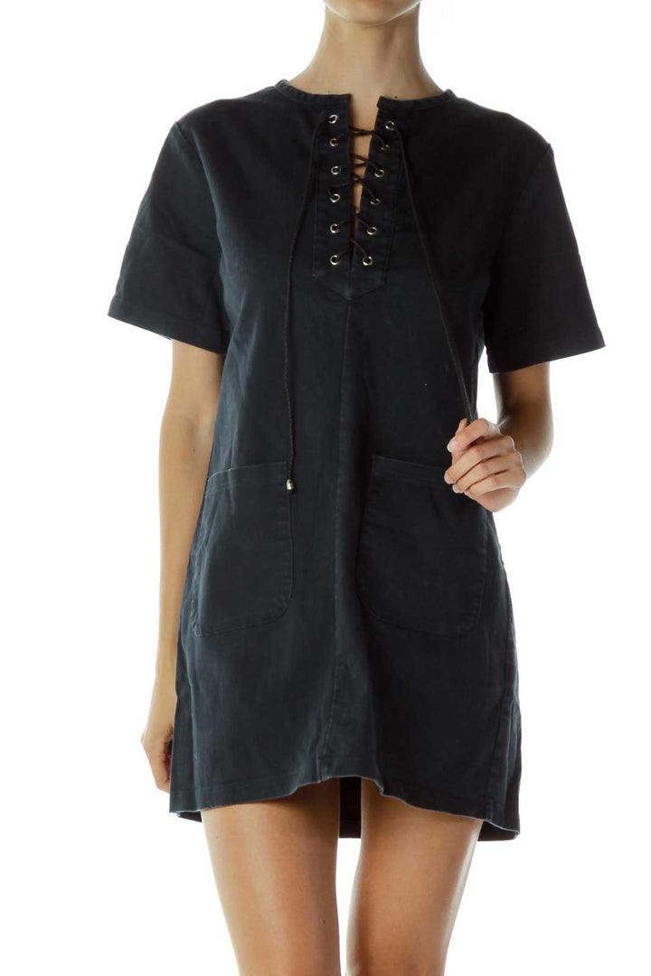 Blue Lace Up Denim Dress