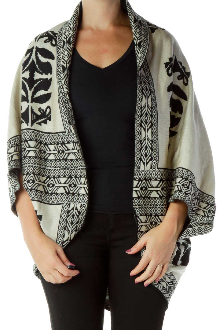 Black Beige Print Poncho