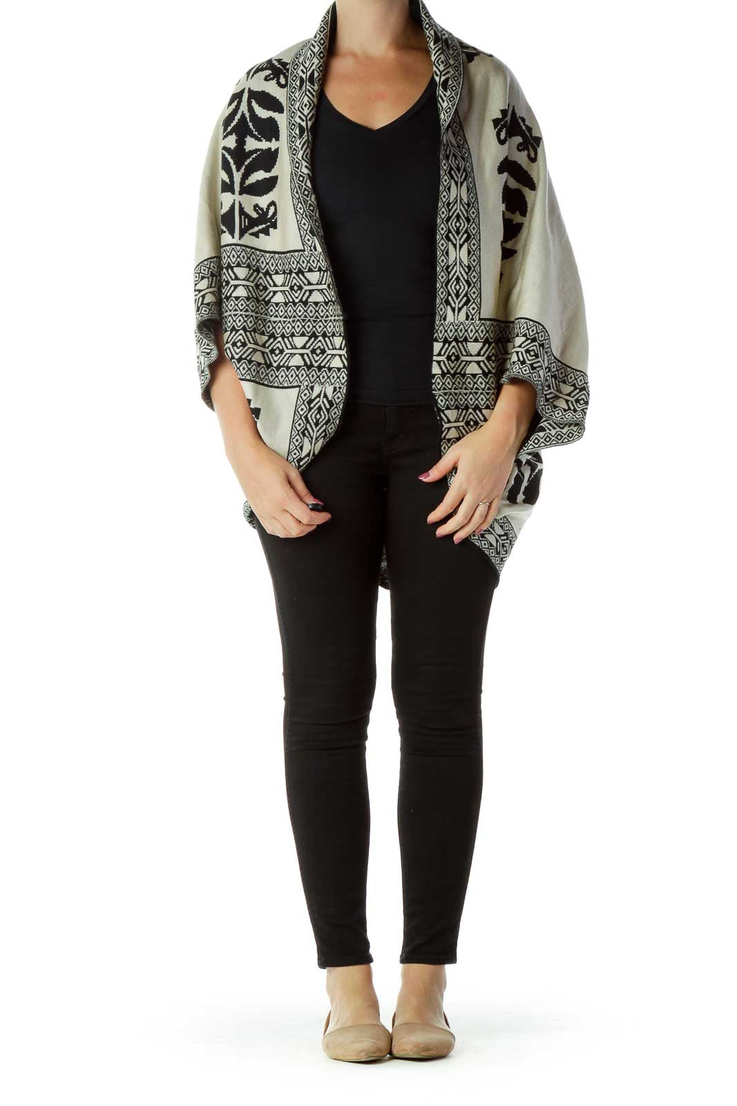 Black Beige Print Poncho