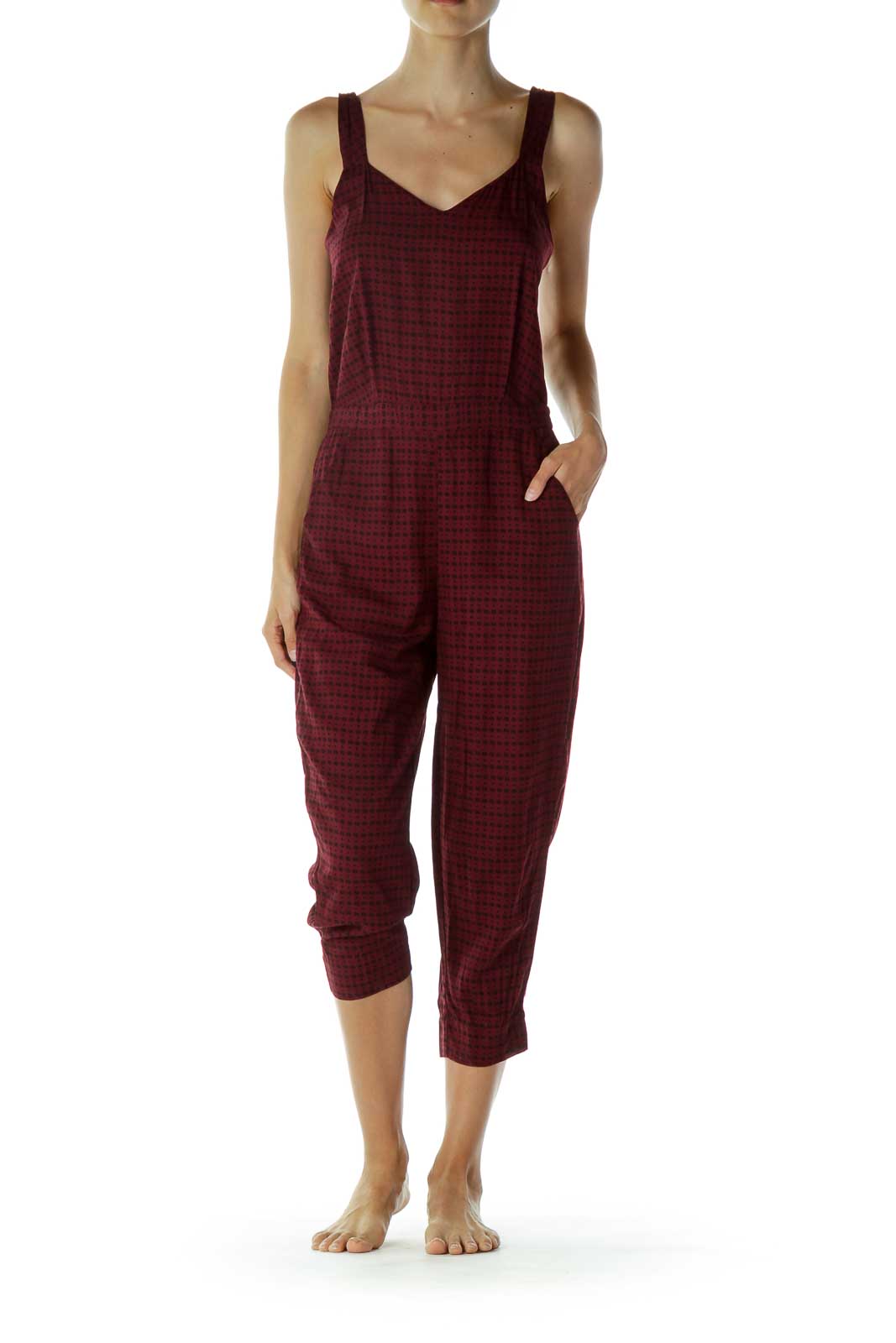 Red Print Cropped Jump Suit