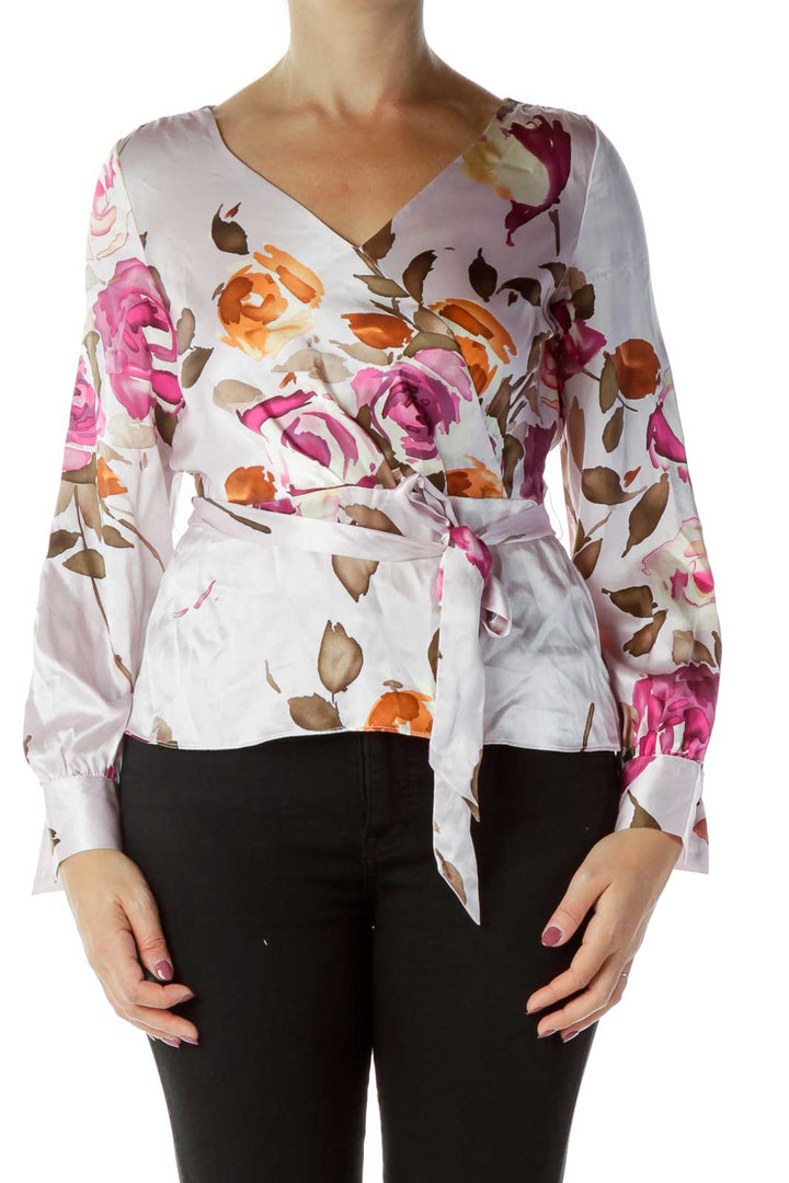 Pink Flower Print Silk Blouse