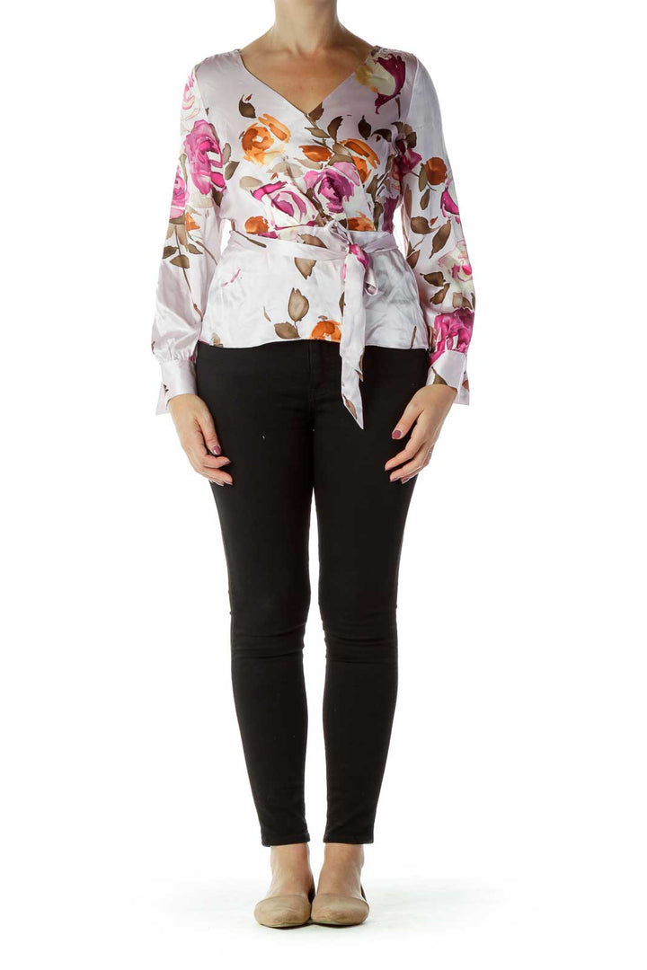 Pink Flower Print Silk Blouse