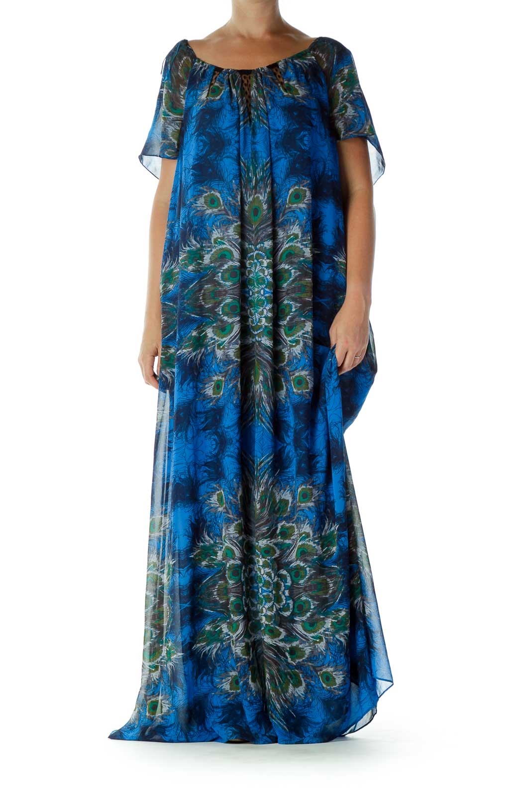 Blue Peacock Print Day Dress