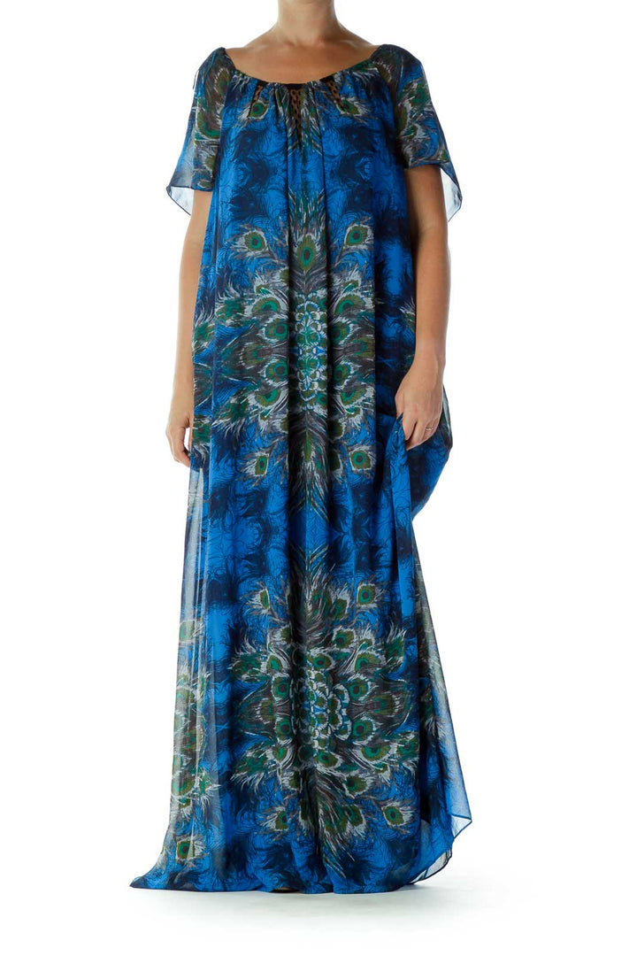 Blue Peacock Print Day Dress