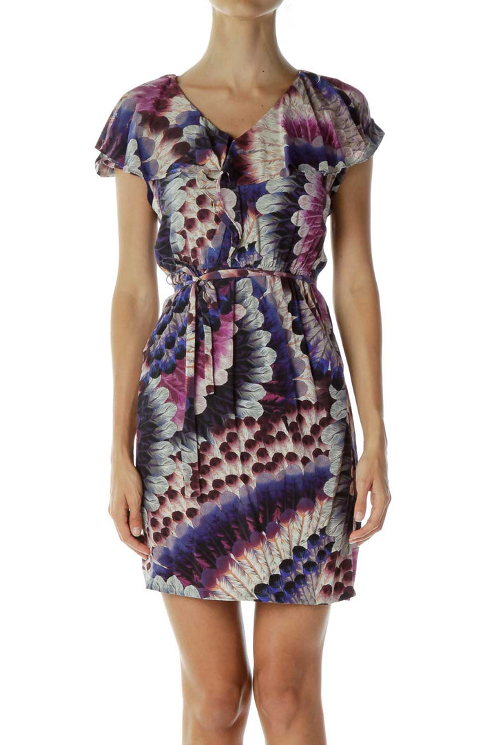 Purple Feather Print Day Dress