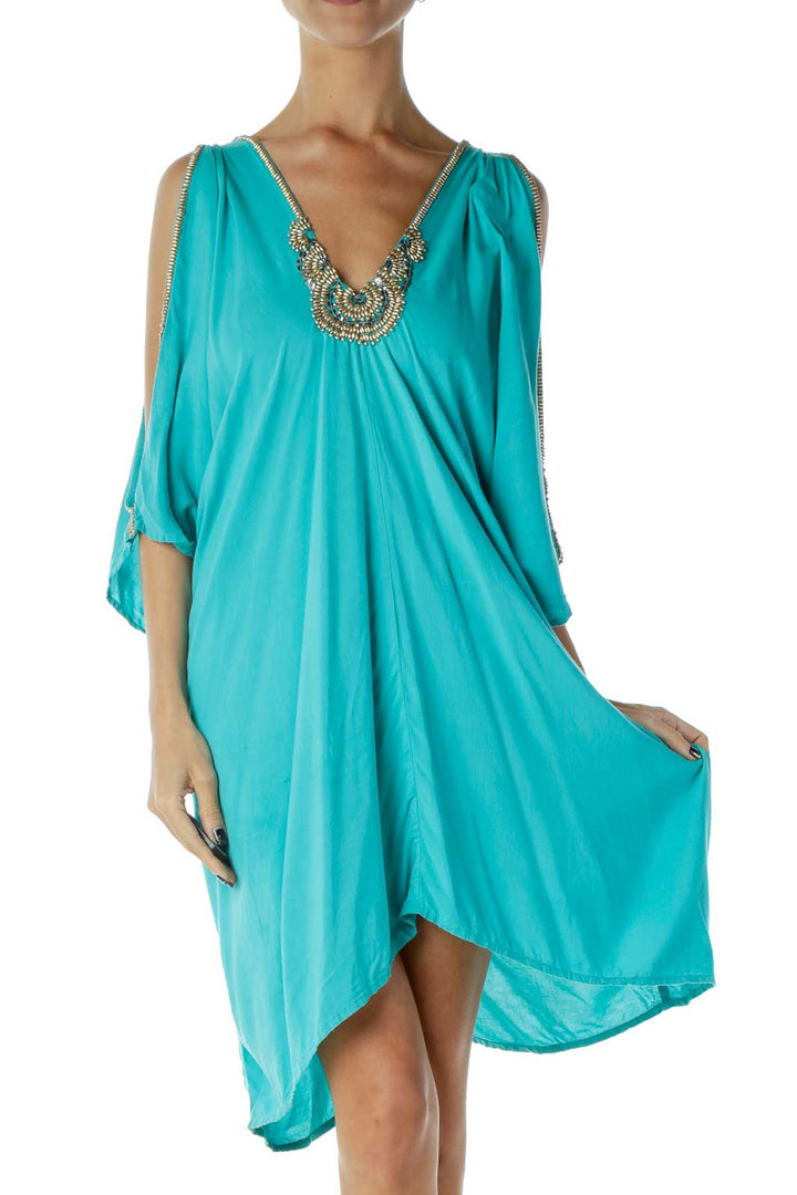 Blue Beaded Cold-Shoulder Tunic