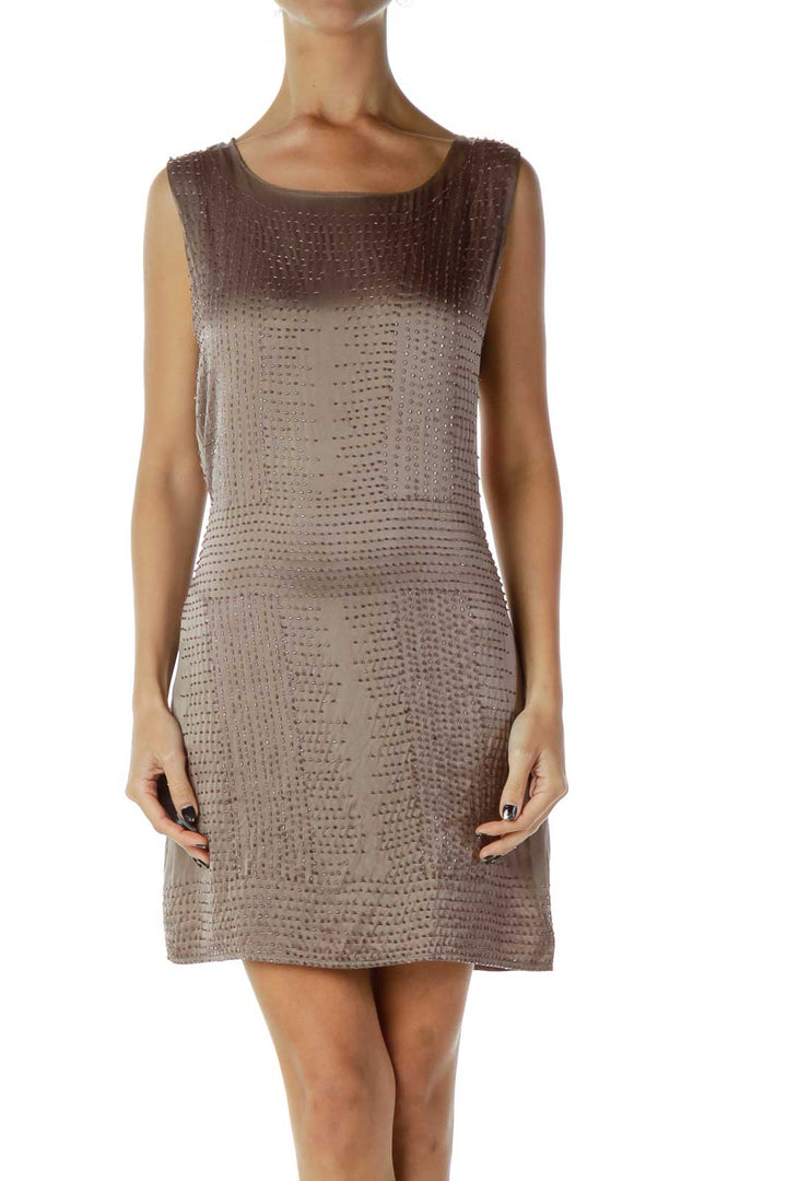 Brown Beaded Silk Shift Dress