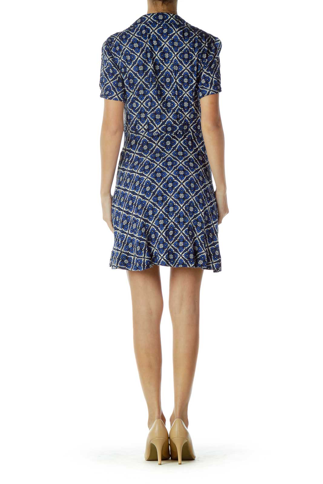 Back view of Free People blue geometric print mini dress showing relaxed fit and pattern