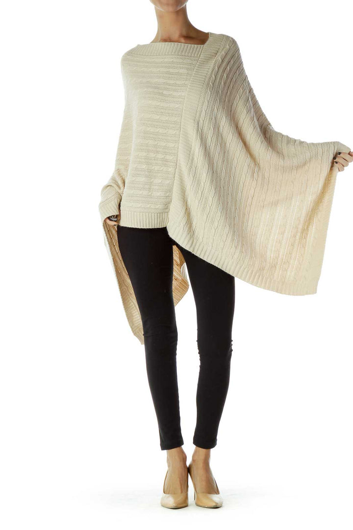 Beige Cable-Knit Poncho