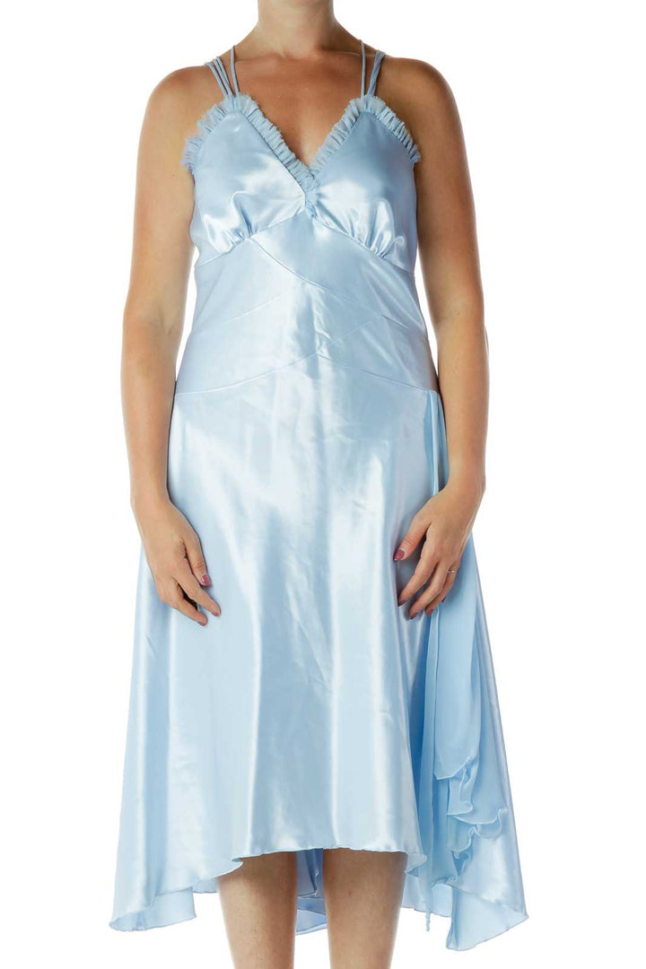 Blue Satin V-Neck Evening Dress