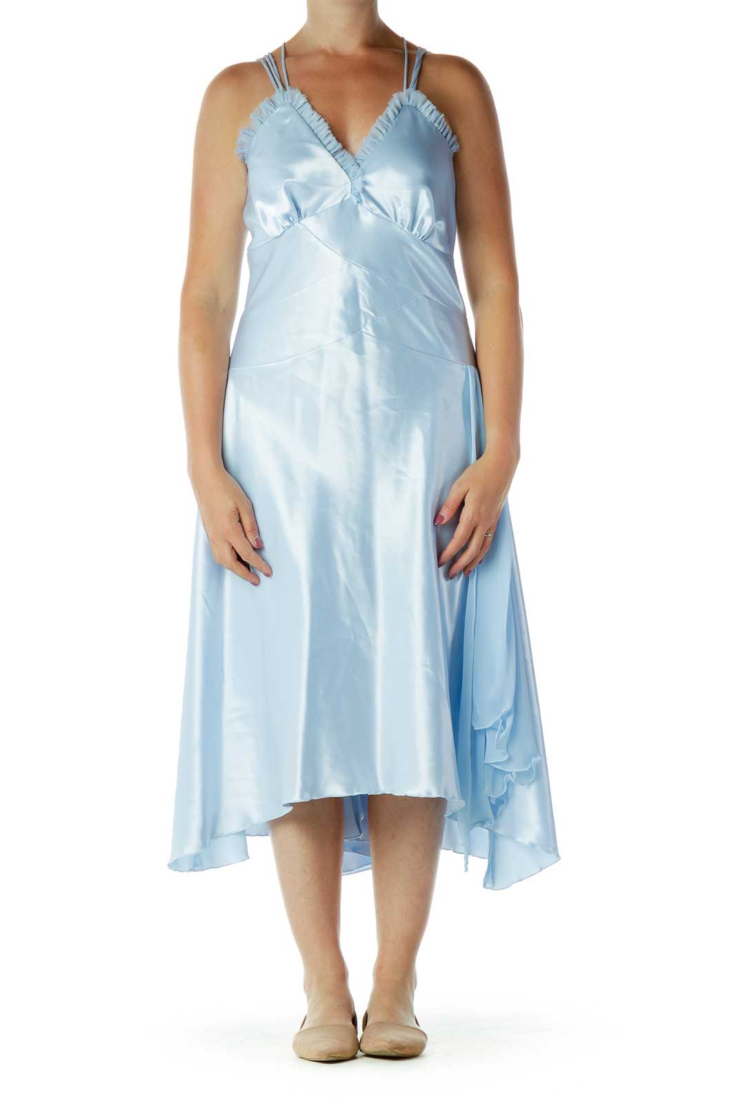 Blue Satin V-Neck Evening Dress