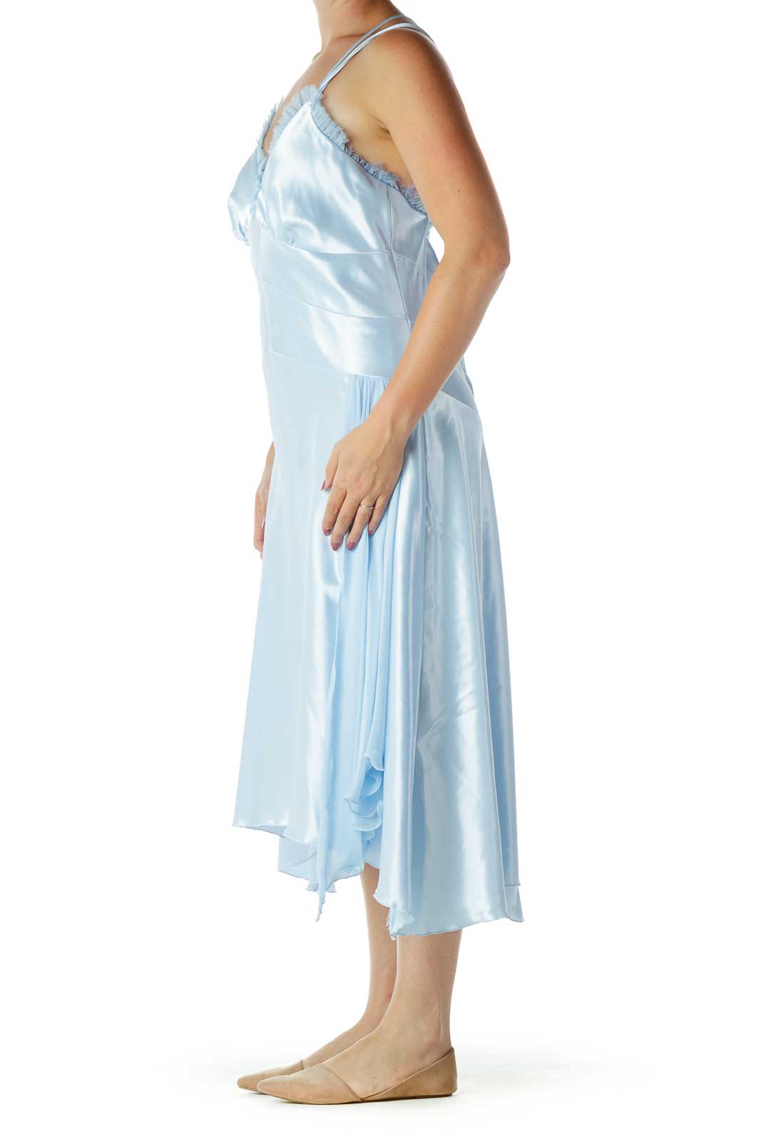 Blue Satin V-Neck Evening Dress