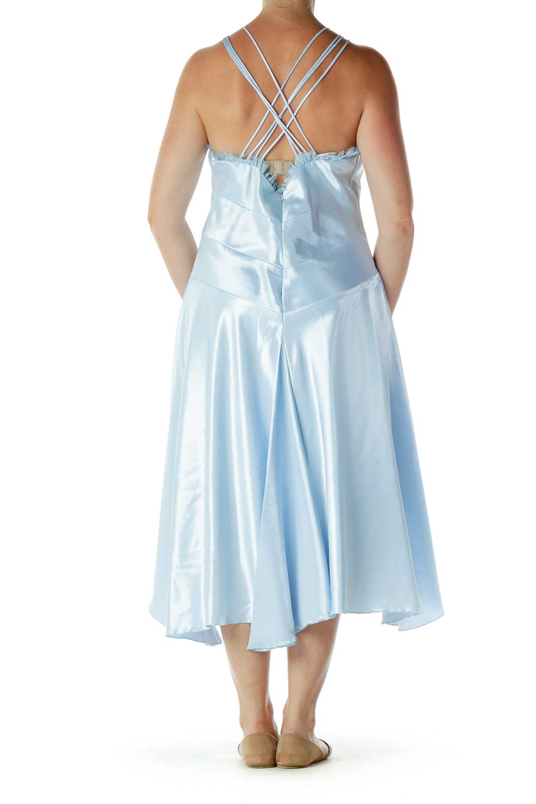 Blue Satin V-Neck Evening Dress