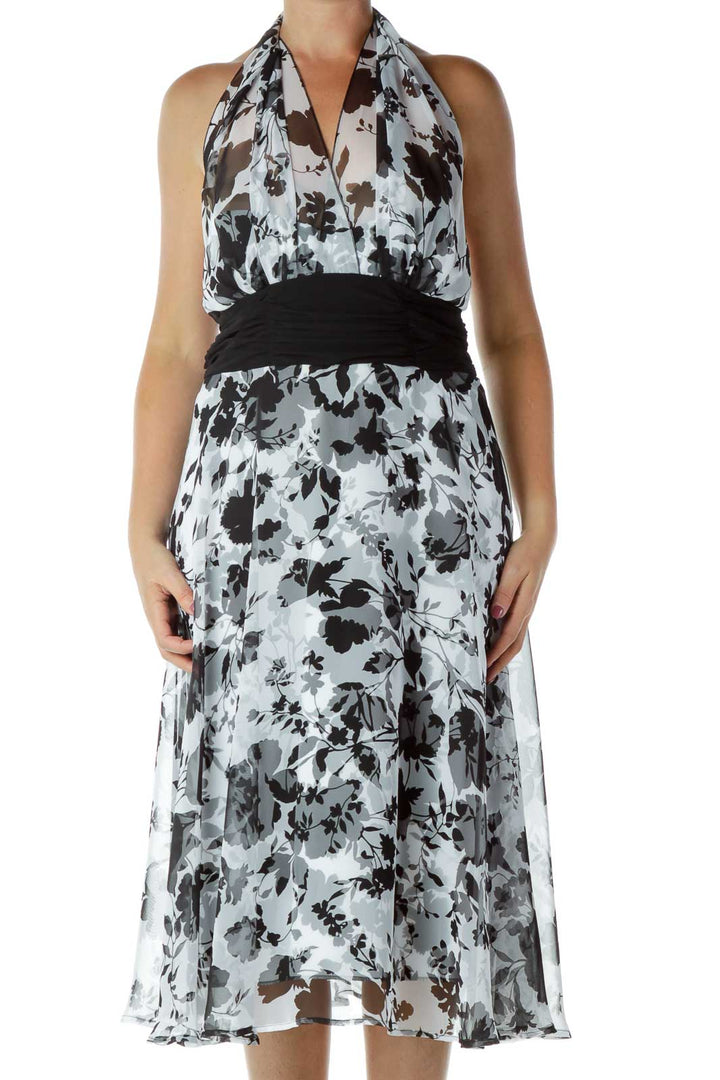 White Black Halter Floral Dress