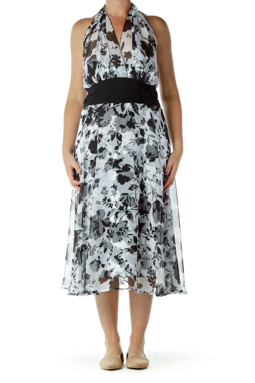 White Black Halter Floral Dress