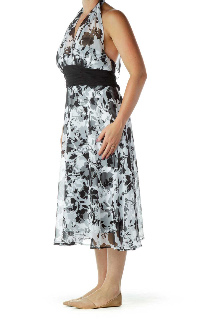 White Black Halter Floral Dress