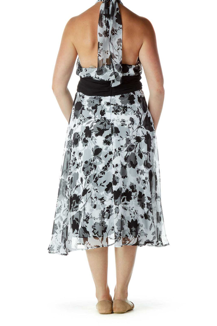 White Black Halter Floral Dress