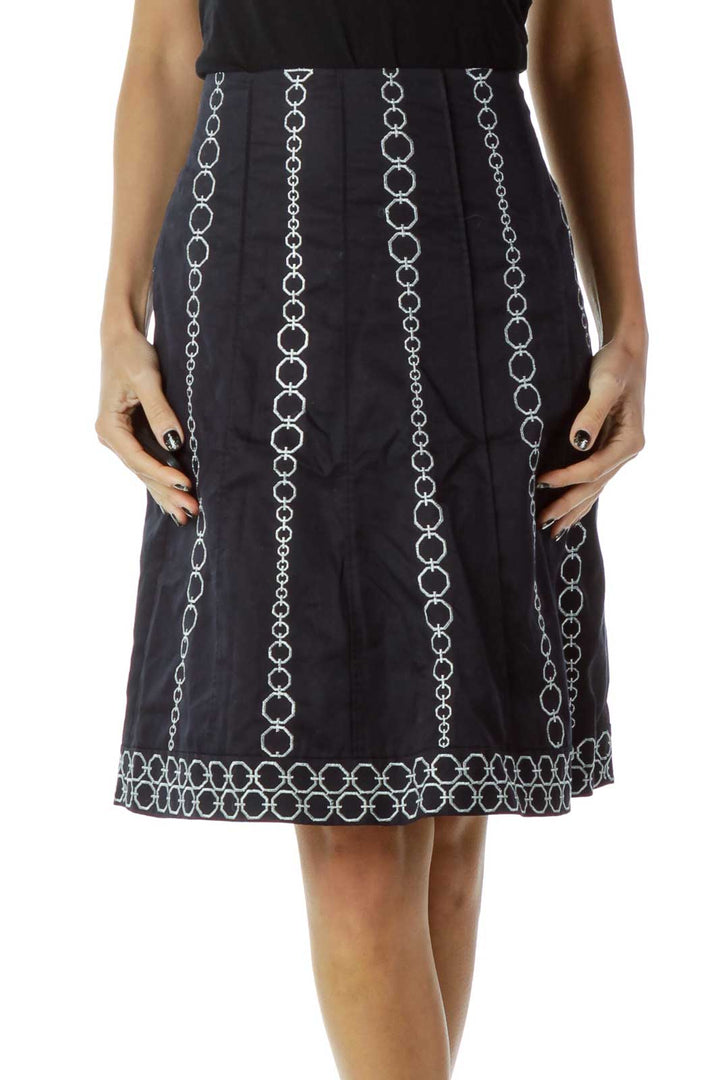 Navy Silver Embroidered A-Line Skirt