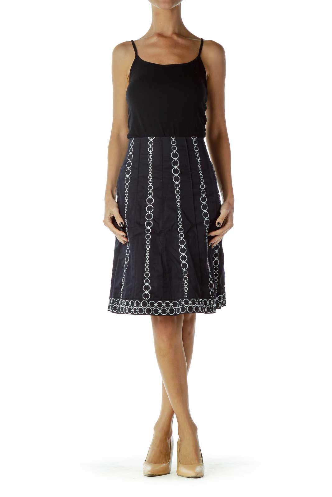 Navy Silver Embroidered A-Line Skirt