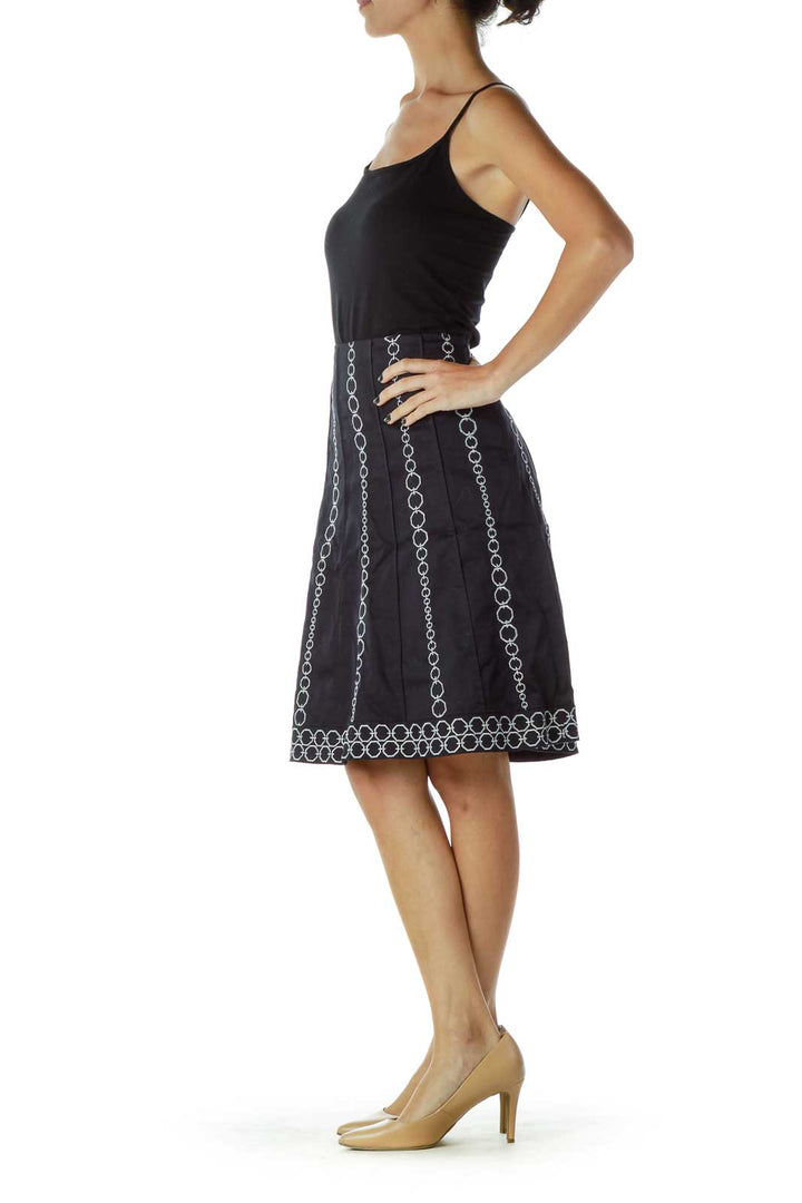 Navy Silver Embroidered A-Line Skirt