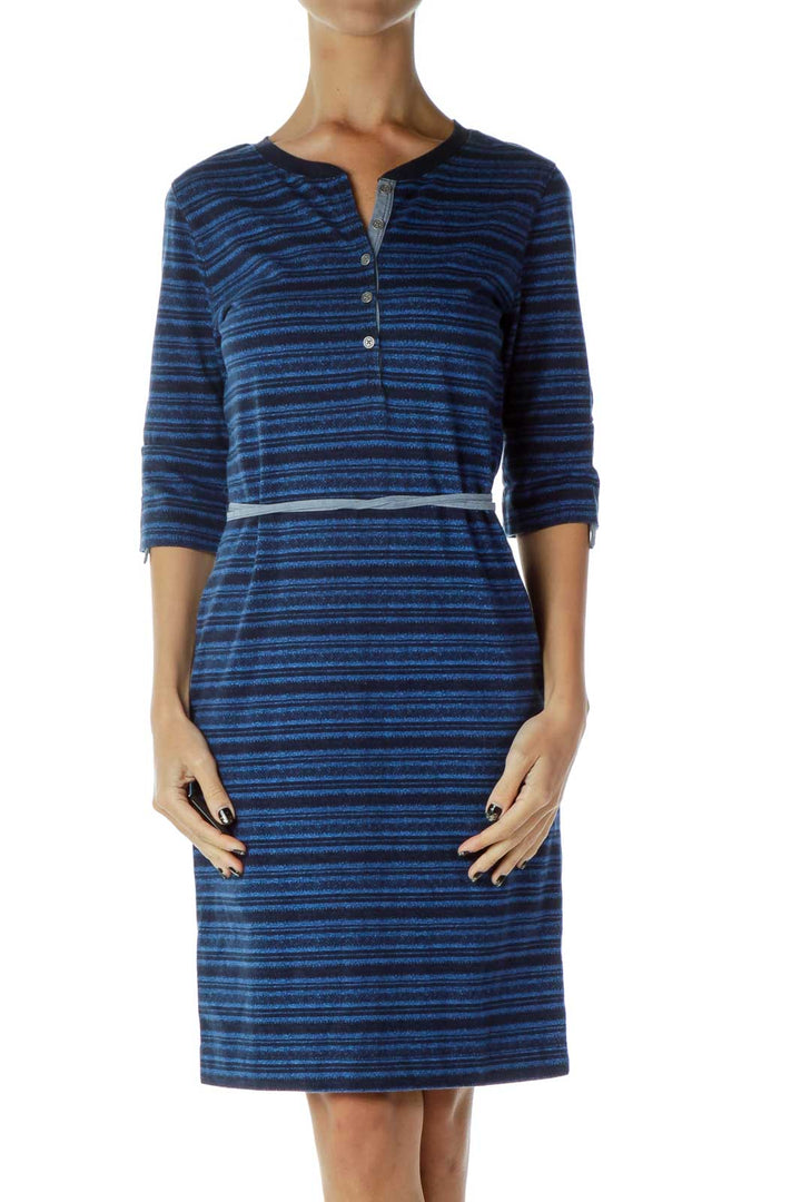 Blue Knit Striped Day Dress