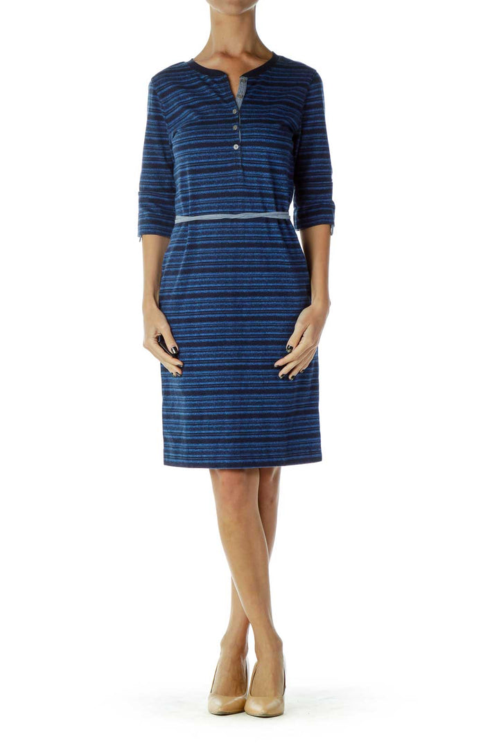 Blue Knit Striped Day Dress