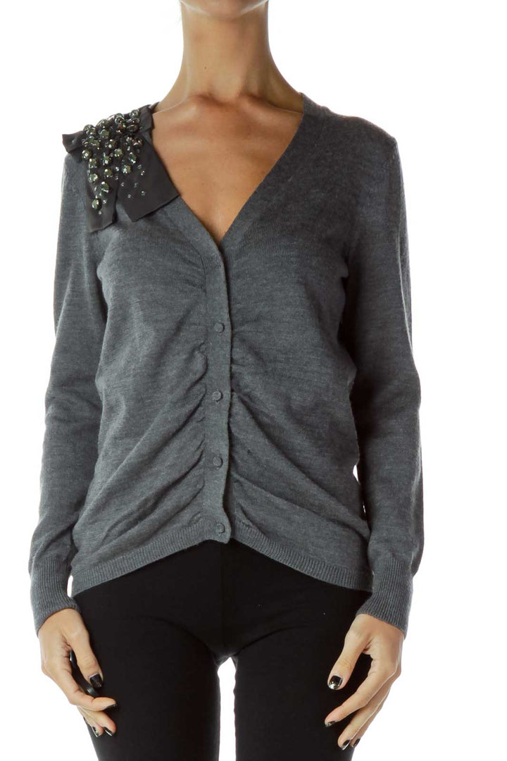 Gray Merino Wool Rhinestone Cardigan