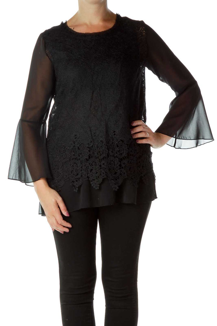 Black Sheer Bell Sleeve Blouse