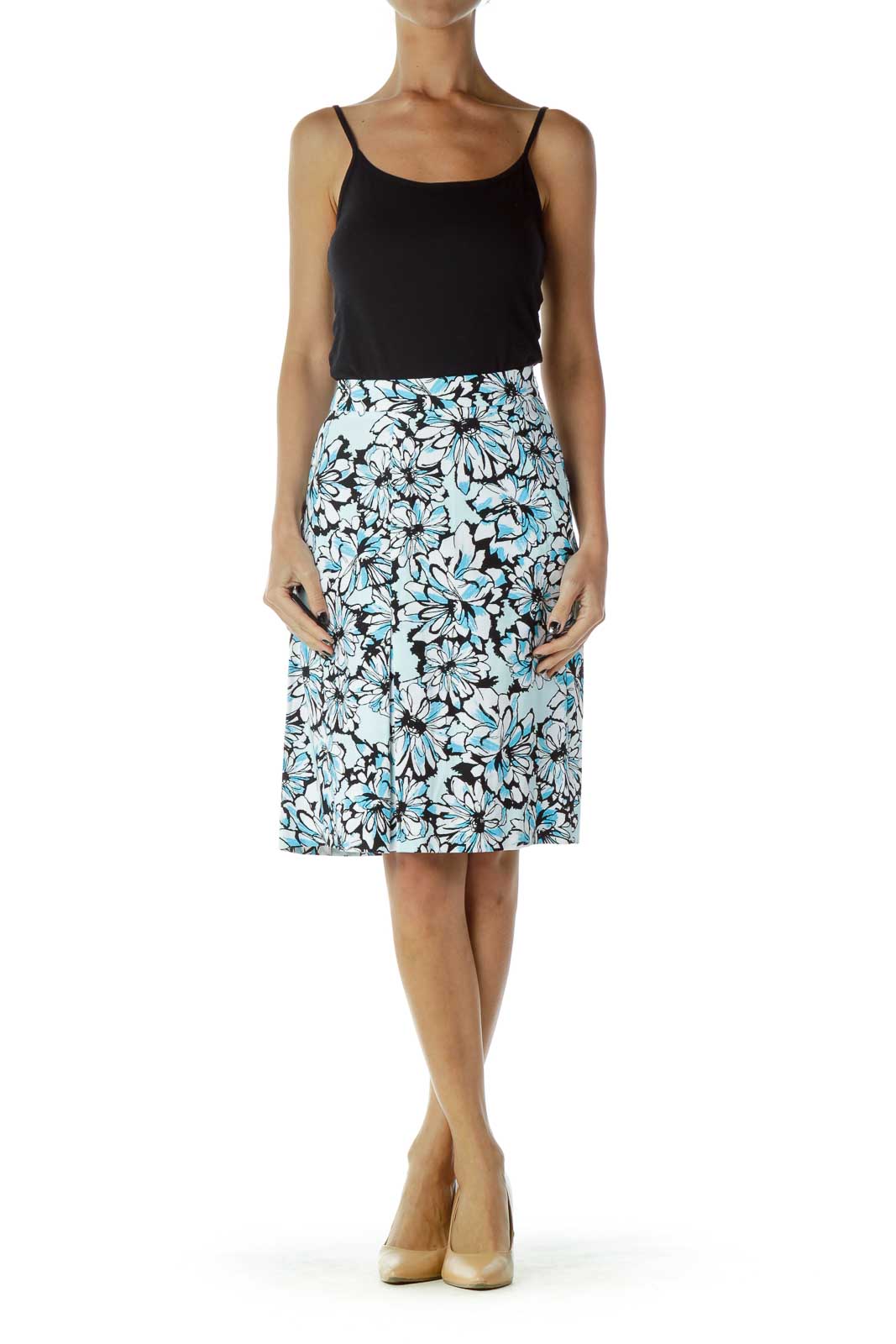 Blue Black Flower Print Skirt