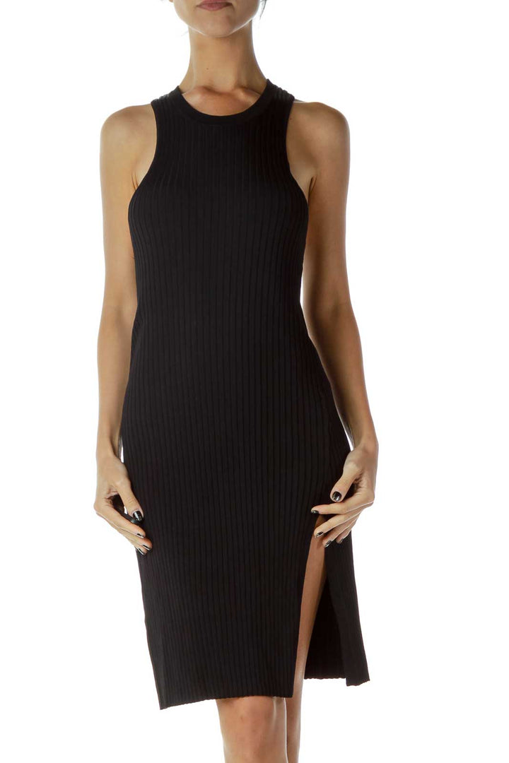 Black Ribbed Shift Midi Dress